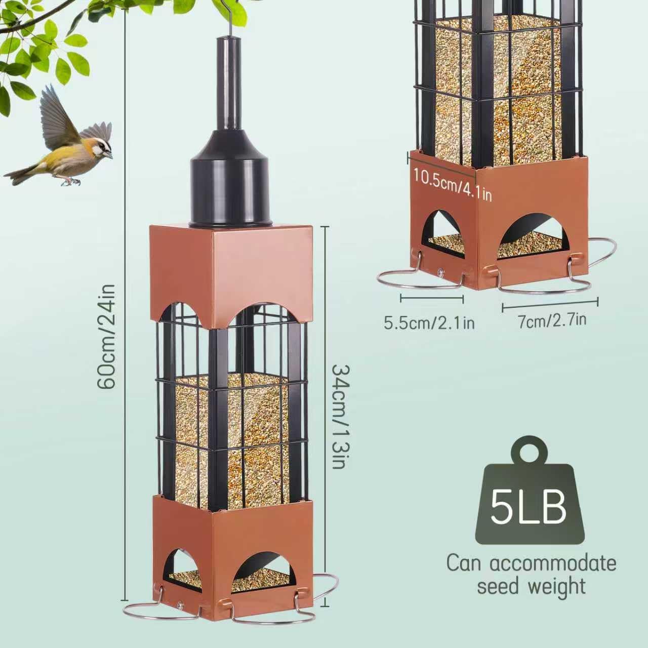 Squirrel Proof Bird Feeders for Outdoors with Weight-Activated, 5LB Metal Hanging Bird Feeders for Outside, Large Wild Feeders for Cardinals, Chickadees, Durable Backyard Feeders