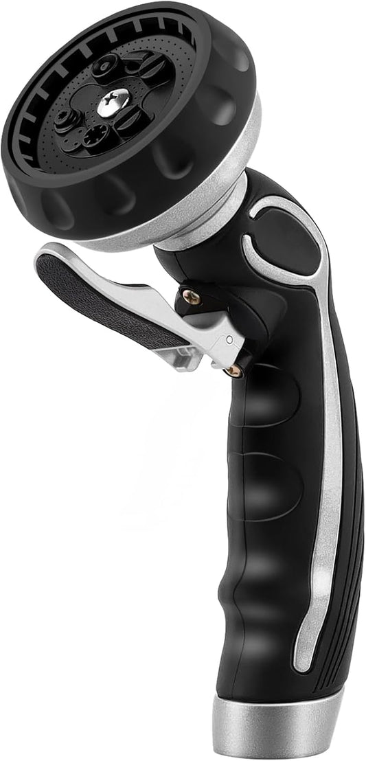 RESTMO Hose Nozzle with Easy Self-Lock Trigger, Heavy Duty Metal Water Hose Sprayer with 9 Spray Patterns and On/Off Valve, Ideal for Outdoor Lawn & Garden Watering, Car & Pet Washing, Silver