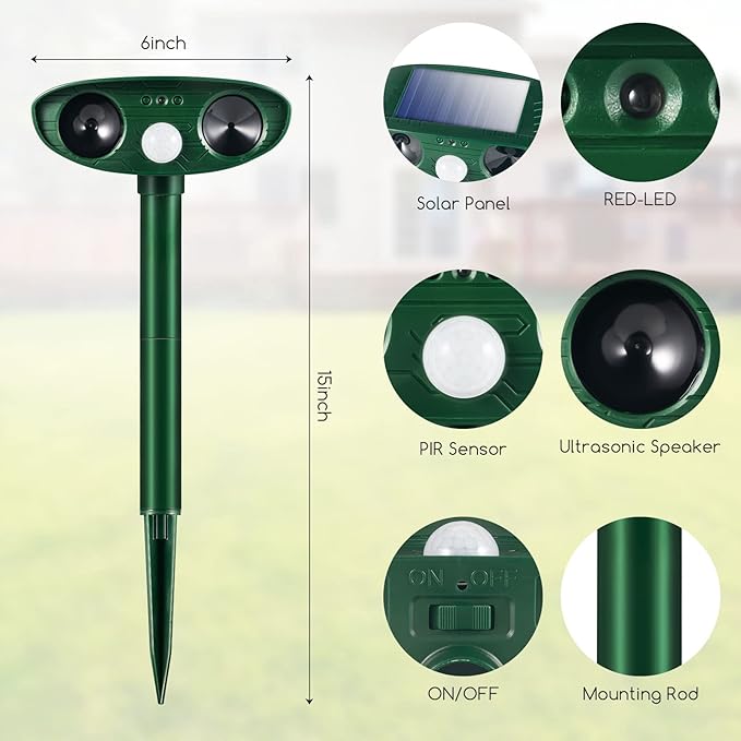4 Pack Solar Animal Repellent Ultrasonic Deer Repellent Devices Cat Deterrent Outdoor Waterproof with Motion Sensor Solar Animal Repeller for Squirrel,Dog,Raccoon,Skunk,Rabbit for Yard Garden