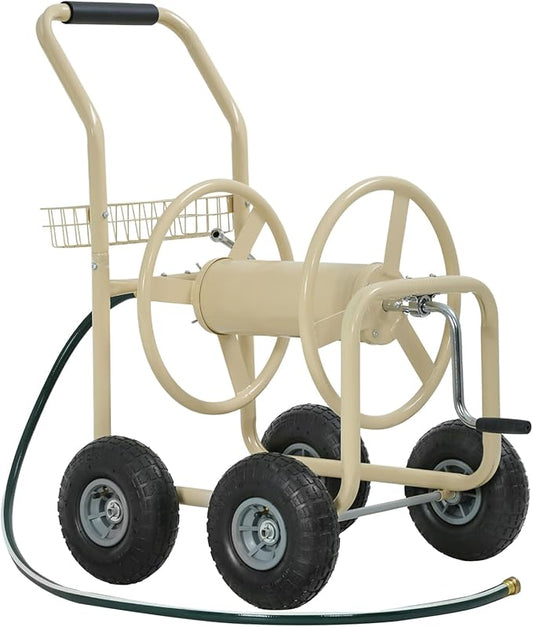 Garden Hose Reel Cart with Wheels Garden Lawn Water Truck Water Planting Cart Heavy Duty Outdoor Yard Water Planting Holds 300-Feet of 5/8-Inch Hose with Storage Basket, Tan