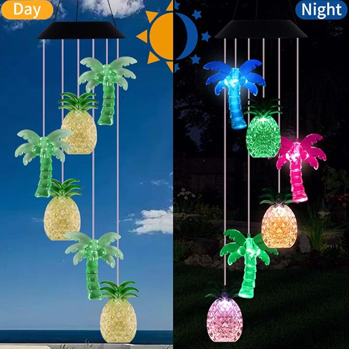 LED Solar Coconut Tree Pineapple Wind Chimes Outdoor - Waterproof Solar Powered Changing Color Palm Tree Pineapple Wind Chime Light for Home, Party, Festival Decor, Night Garden Decoration