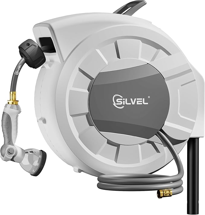 SILVEL Automatic Retractable Garden Hose Reel on Metal Spike, 1/2 in x 90FT Ground Mounted Outside, UV Resistant with 10 Pattern Nozzle, 360° swivel, No Holes in your house, Easy Installation
