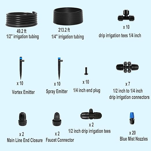 Drip Irrigation System for Garden, 262 ft Garden Watering System Drip Irrigation Kit, with 1/4" & 1/2" Tubing and 20pcs Sprinklers for Lawn Yard Flower Green Houses Plants
