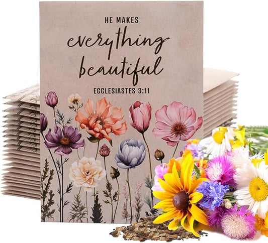 He Makes Everything Beautiful - Pollinator Wildflower Mix Seed Packets - 25 Seed Packs - Perfect Eco-Friendly Gift for Gardeners & Friends - Non GMO Seeds