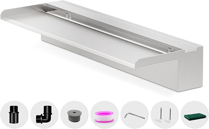 Waterfall Pool Fountain, LONGRUNNEW Stainless Steel Waterfall Spillway with Pipe Connector Kits for Outdoor/Indoor Decorative, 23.6 Inches Pool Water Feature for Garden Patio, Backyard Koi Pond Decor