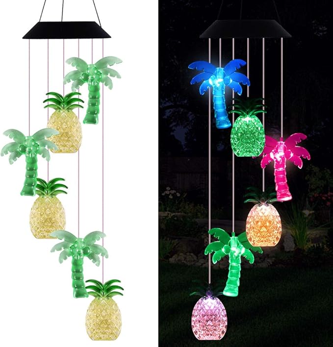 LED Solar Coconut Tree Pineapple Wind Chimes Outdoor - Waterproof Solar Powered Changing Color Palm Tree Pineapple Wind Chime Light for Home, Party, Festival Decor, Night Garden Decoration