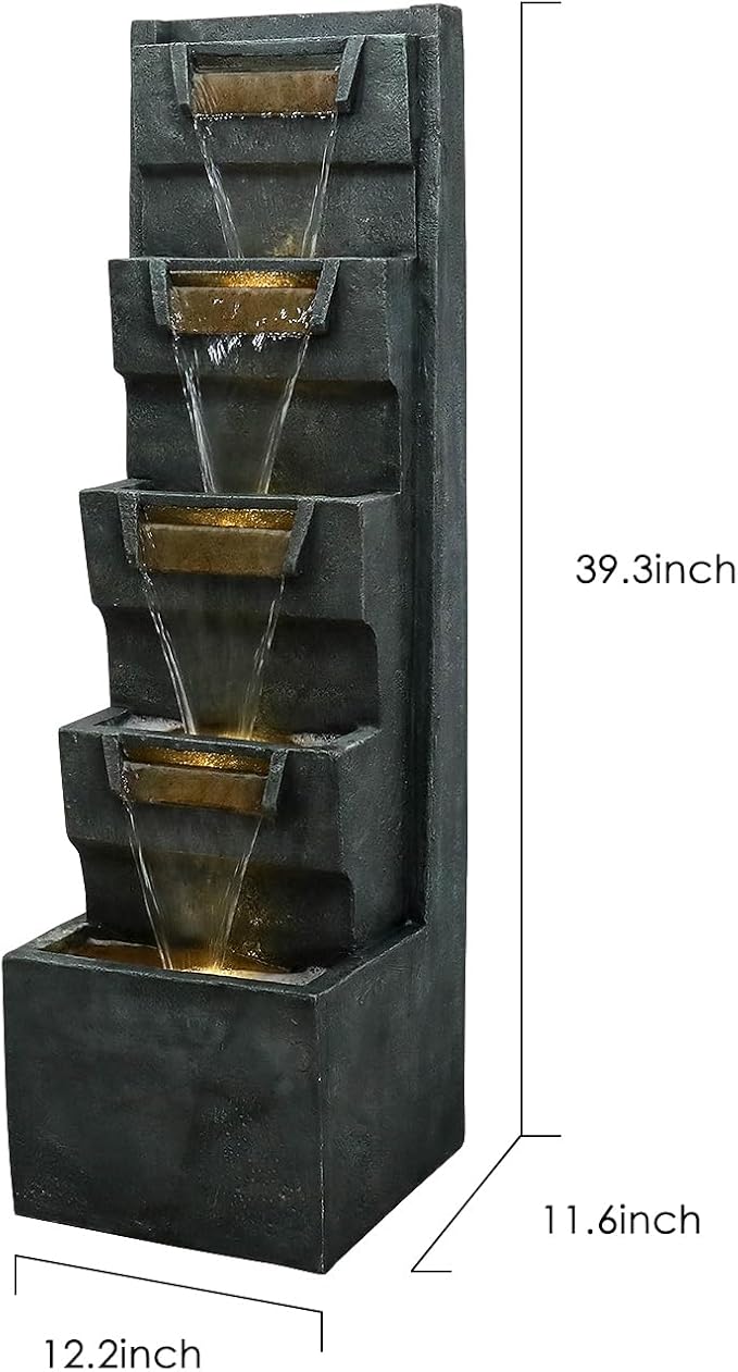SunJet 4-Tiers Modern Cascading Indoor/Outdoor Fountains and Waterfalls with LED Lights - 39.3" High Large Water Fountain for Garden, Patio, Yard, and Deck Decor - Relaxing Water Fountain Outdoor