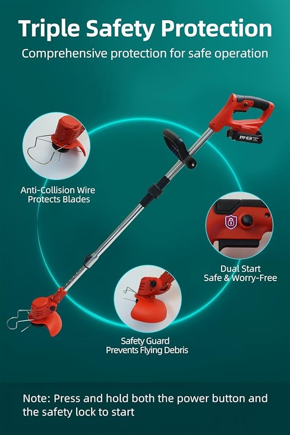 Cordless String Trimmer, Weed Wacker, Nylon Trimmer Head as Its Core Cutting Accessory, Telescopic Shaft and Foldable, 2 x Batteries, String Trimmer Cordless, Red
