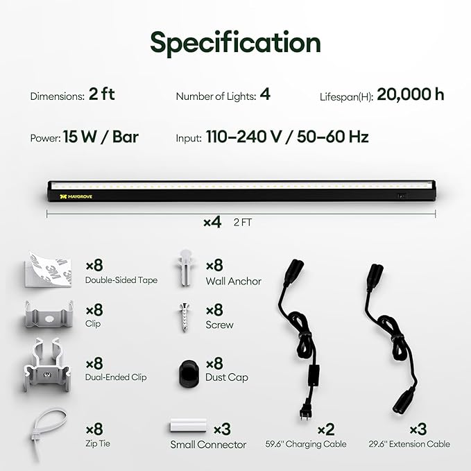 Plant Grow Lights 2FT, Sun-Like Full Spectrum 5000K, 60W(4 x 15W), T5 LED Grow Light Strips for Indoor Plants and Flowers, High PPFD, Linkable, Black, 4-Pack