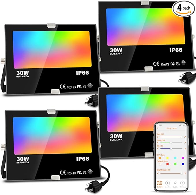 LED Flood Light Outdoor, 300W Equivalent 3000LM Smart RGB Landscape Lighting with APP Control, DIY Scenes - Timing - 5700K Daylight White -Color Changing Uplight, IP66 Waterproof US Plug MELPO(4 Pack)