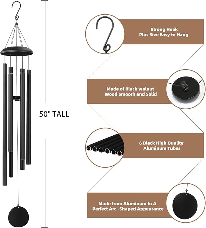 Wind-Chimes-Outdoor-Large-Decor, Deep Tone Soothing Melodic Tones Windchimes, Wind Chimes for Outside, Memorial Wind Chime Best Gift for Mom Women Grandma Neighbors(50" Black)