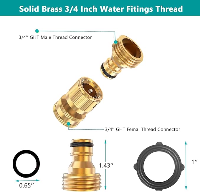 FINEST+ Garden Hose Quick Connector, Solid Brass 3/4 Inch Thread Fitting No-Leak Water Hose Female and Male Easy Connect (6 Sets)