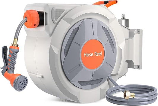 GarveeLife Retractable Garden Hose Reel 5/8 in x 65 Ft, Wall Mounted Garden Hose Reel, with 9 Function Sprayer Nozzle, Any Length Lock, Lock/Automatic Slow Return System, 180° Swivel Bracket(Grey)