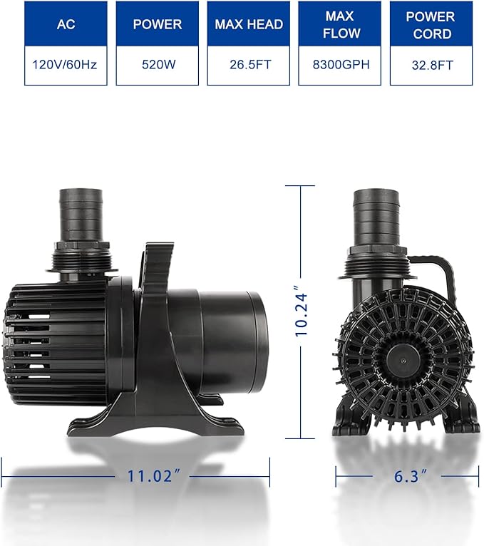 OYO WATER Outdoor Large 8300gph-520W 32.8FT Pond Water-fall & Kio Fish Fountain-s &Garden Pump Submersible IPX8: Long 32.8FT Cord Smart-er & Quieter Duck & Yard &Patio Ponds Pumps, 1 Barrier Pump Bag