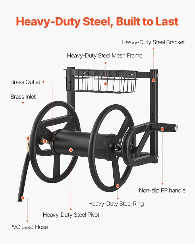 VEVOR Wall Mounted Garden Hose Reel, Holds 125 ft 5/8-inch Hose, Heavy-Duty Water Hose Winder, Space-Saving Design, Outdoor Manual Reel with Brass Fitting and Storage Basket for Yard Lawn