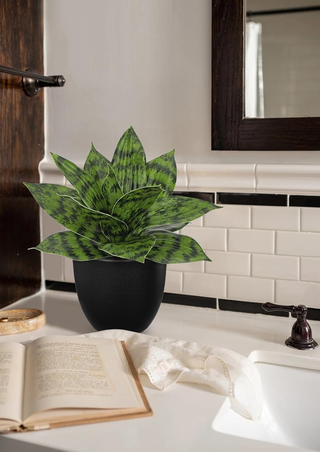 Hollyone Artificial Snake Plants 9" Faux Agave Succulent Plant Potted in Black Pot Fake Sansevieria Aloe Tropical Plant for Desk Modern Office Home Bathroom Indoor Outdoor Decor
