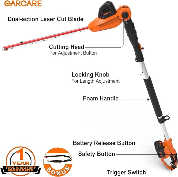 GARCARE Pole Hedge Trimmer Cordless-Hedge Clippers 20V 4.0Ah Li-ion Battery Electric Bush Trimmer 18" Cutting Blade, 16mm Cutting Space with Extension Pole