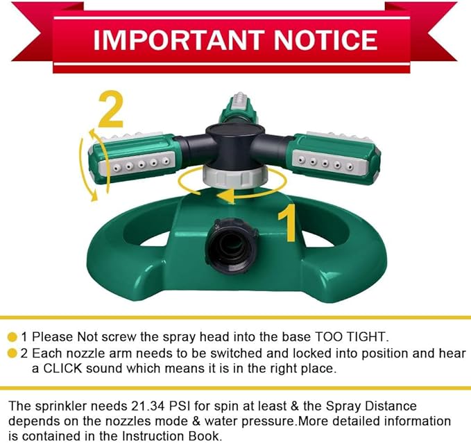 Automatic Garden Water Sprinkler, 360 Degree Rotation Irrigation System, Large Area Coverage, for Yard, Lawn, Garden - 2 Pack (Deep Green)