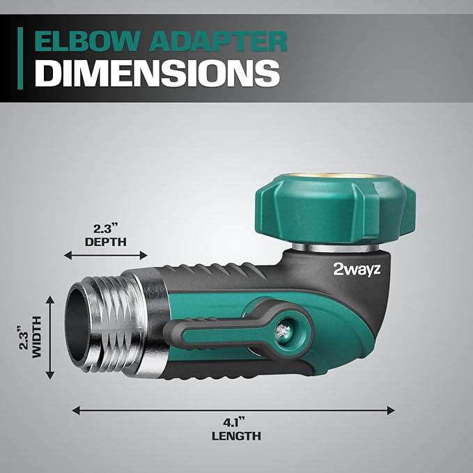2WAYZ 90 Degree Hose Elbow Adapter - Heavy Duty Full Metal Body Garden Hose Shut Off Valve - 3/4-Inch Inlet and Outlet Angle Connector for RV, Waterhose Elbow - 2.3x2.3x4.1-Inch (Green and Black)