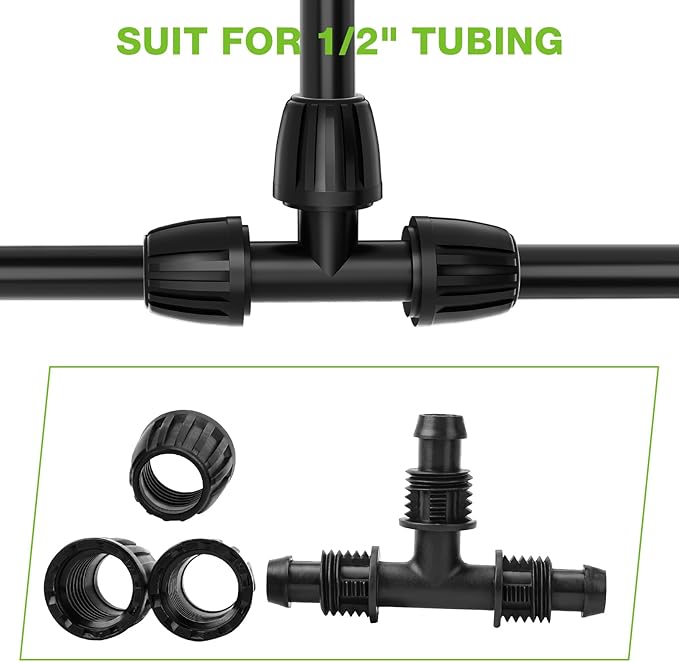 Bonviee 6 Pack 1/2 Inch Drip Irrigation Tee Connectors, Barbed Lock Fittings for 1/2โ Tubing, Leak-Proof 3-Way Coupler for Garden Hose, Drip System Repair & Extension