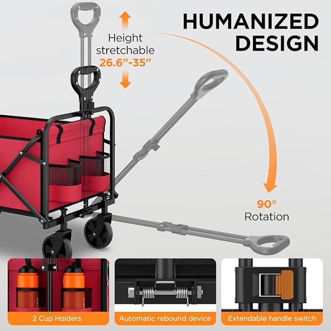 Collapsible Wagon Cart Foldable Beach Wagon with All-Terrain Wheels - 360 LBS Heavy Duty Grocery Cart for Shopping, Beach, Camping, Sports, Garden (Red)
