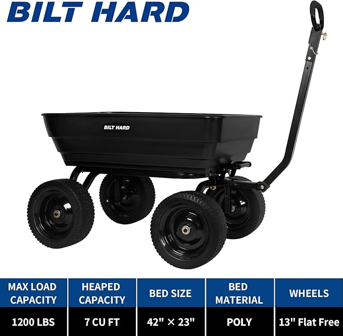 BILT HARD 7 Cu Ft Poly Garden Dump Cart 1200 lbs with No Flat Tires, Quick Release, 2-in-1 Convertible Handle, Dump Wagon Heavy Duty for Yard, Outdoor