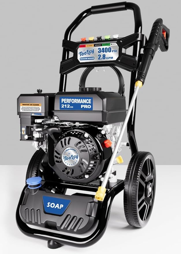 TOOLCY 3400 PSI Gas Pressure Washer, High-Performance 212cc OHV Engine, Reinforced Pump. Onboard Soap Tank, 30FT Hose, Spray Gun & 5 Nozzles, Max 2.8 GPM, Great for Cars/Driveways/Homes/Patios/Boats