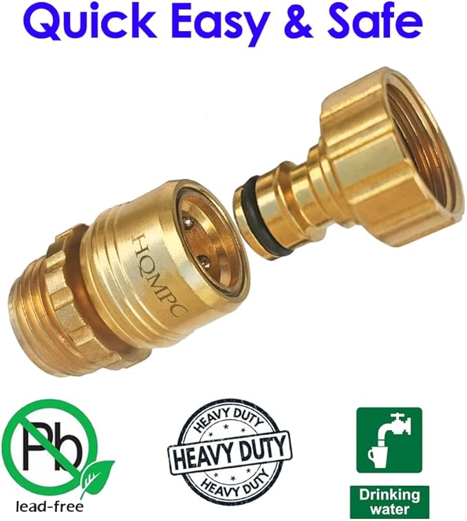 HQMPC Garden Hose Quick Connect No Pb Solid Brass Quick Connector Garden Hose Fitting Water Hose Connectors 3/4 inch GHT (6SETS)