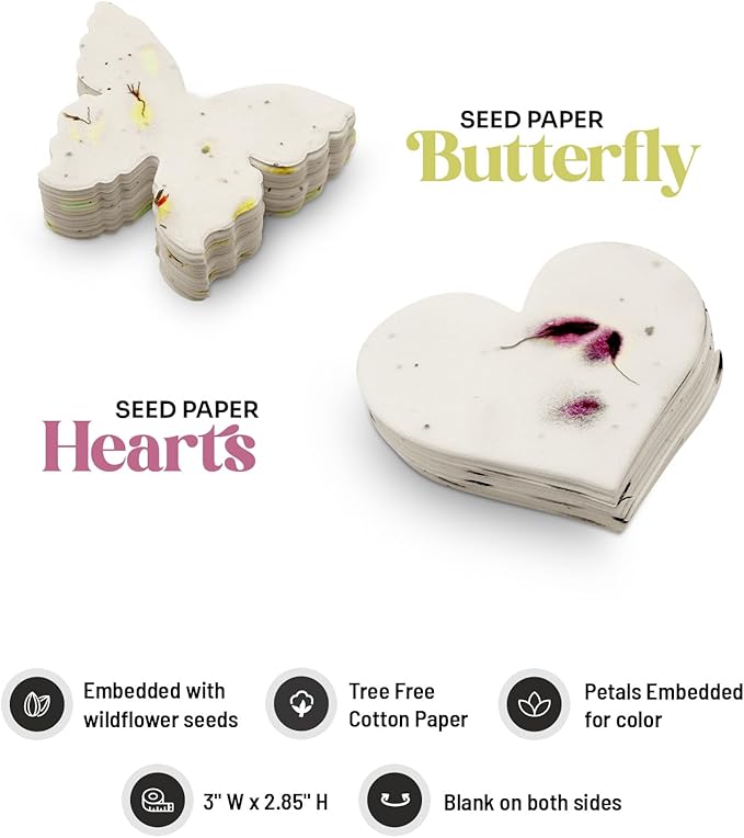48pcs Plantable Seed Paper – 24 Heart & 24 Butterfly Embedded with Wildflower Seeds for Bridal Shower, Wedding Gift, Birthday, & Other Milestone Celebrations