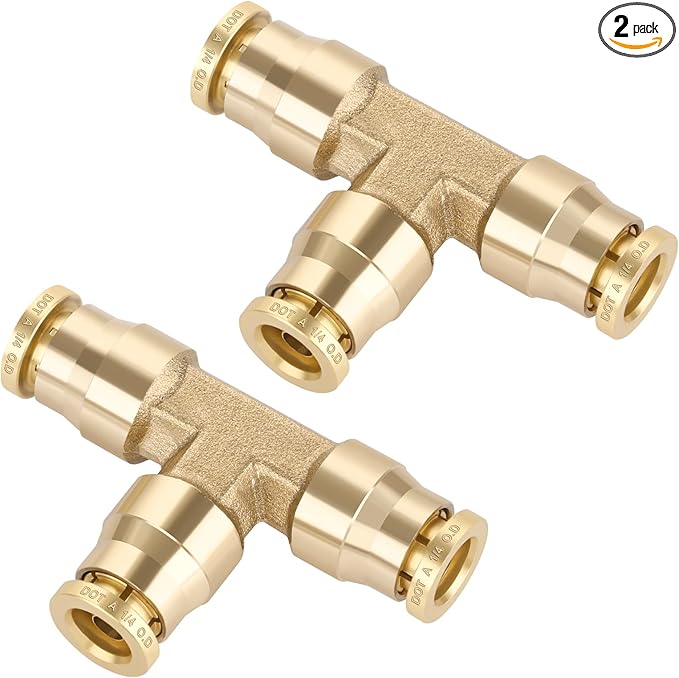 1/4" Quick Push to Connect Fittings Brass Union Tee Shaped Joint DOT Approved 1/4 Inch OD 3 Way Tube Air Line Adapter Air Spring Suspension Kit for Car Truck Trailers and Air Brake System 2pcs