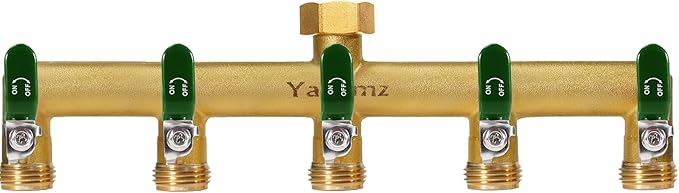 Garden Hose Splitter, 3/4” Rust and Freeze Resistant Outdoor Hose Manifold with 5 green Extra Long Handles Faucet Adapter-Heavy Duty Brass 5-Way Valve