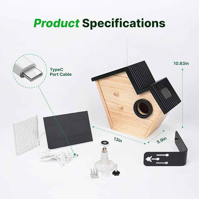 Smart Birdhouse with 2K HD Camera, Solar Powered & Battery, Night Vision, AI Bird Identification, Real-Time Alerts, APP Control, Outdoor Wooden Bird House, Ideal Gift for Bird Lovers