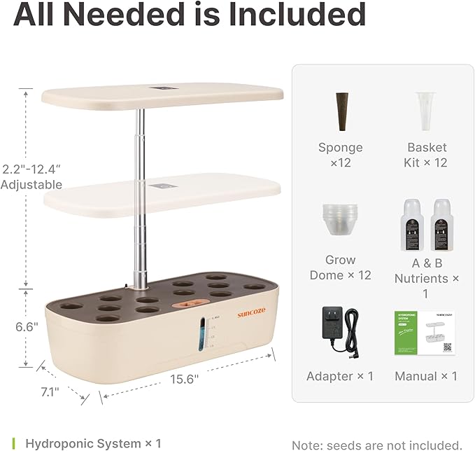 SUNCOZE Hydroponics Growing System Kit 12 Pods, Indoor herb Garden with 20W LED Grow Light, Visible Water Tank with Pump, 2.2"-12.4" Adjustable Height Indoor Gardening System, Gardening Gifts, Beige