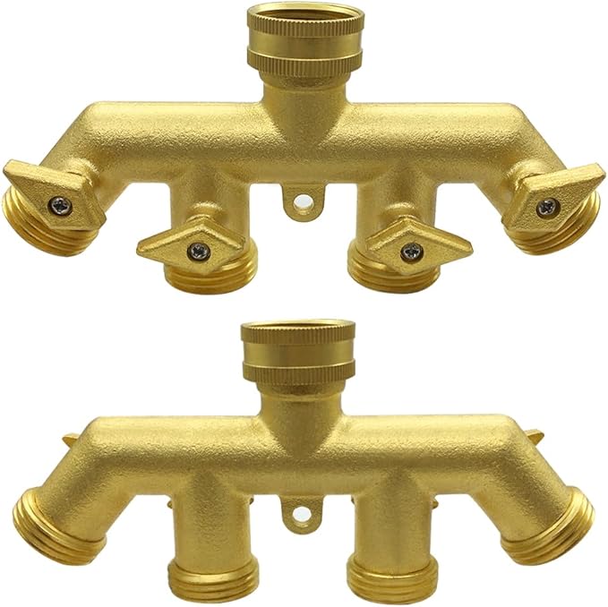 Hooshing Brass Garden Hose Splitter 4 Way 3/4" GHT Hose Connetor Spigot Adapter 4 Valves with Washers