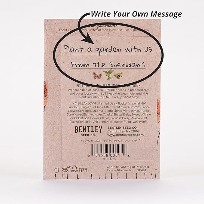 Bentley Pollinator Mix - Pre-Filled, Non-GMO, Non-Coated Butterfly Packets - 25 Annual Wildflower Seeds - Perfect Eco-Friendly Gift