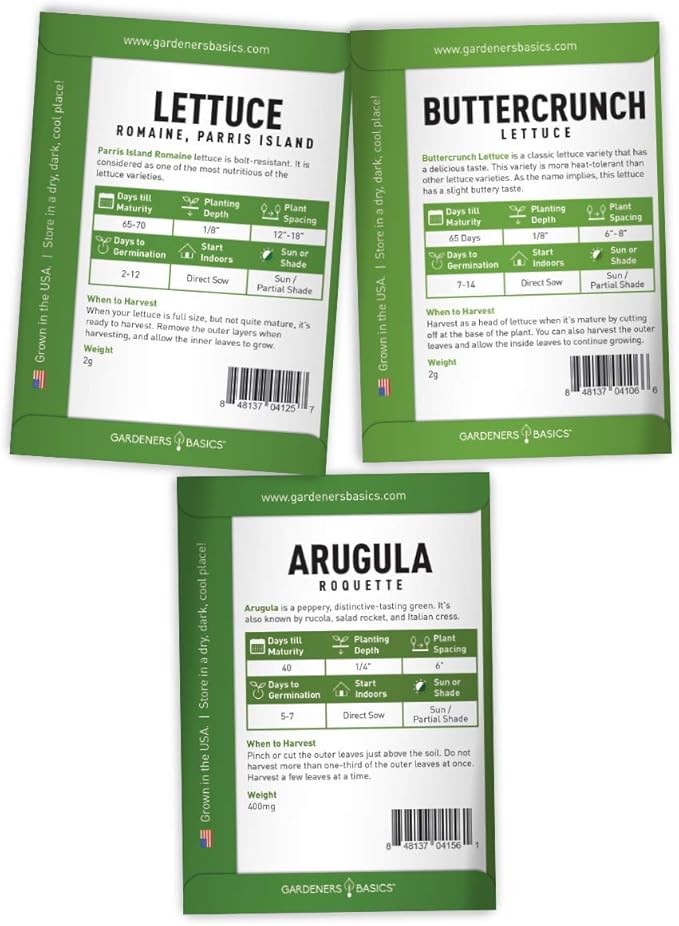 Gardeners Basics Lettuce and Greens Heirloom Vegetable Seed Non-GMO Seeds for Planting Indoors and Outdoor - Lettuce Buttercrunch, Romaine, Arugula, Kale and Spinach, Pack of 5