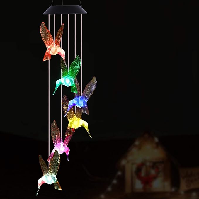 Solar Hummingbird Wind Chimes Outdoor Hanging -Waterproof Mobile Romantic Solar Powered Changing Color LED Wind Bells Light, Wind Chimes Gifts for Women, Home, Party, Festival, Night Garden Decoration