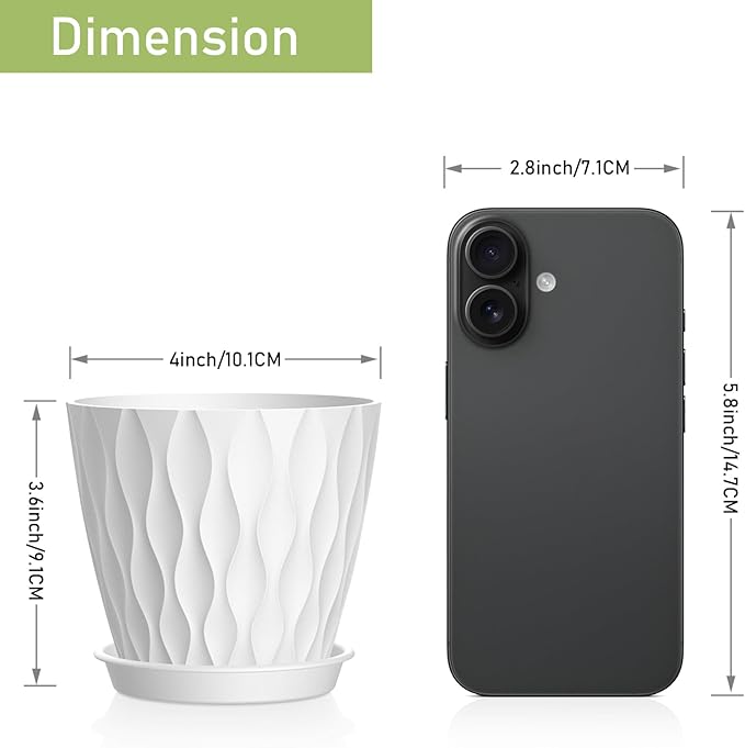 12 Pack 4 Inch Small Plant Pots with Saucers, Waffle Texture Plastic Planters with Drainage Holes for Indoor and Outdoor Plants, Flowers, Herbs, Succulents, and Seedlings, White