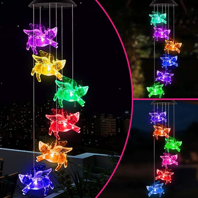 ME9UE Color Changing Flying Pigs Wind Chimes Gifts Portable Waterproof Mobile Romantic Fly Pigs Windchime, LED Solar Pig Wind Chimes Lights Gift for Mom, Festival, Patio, Garden, Outdoor Decoration