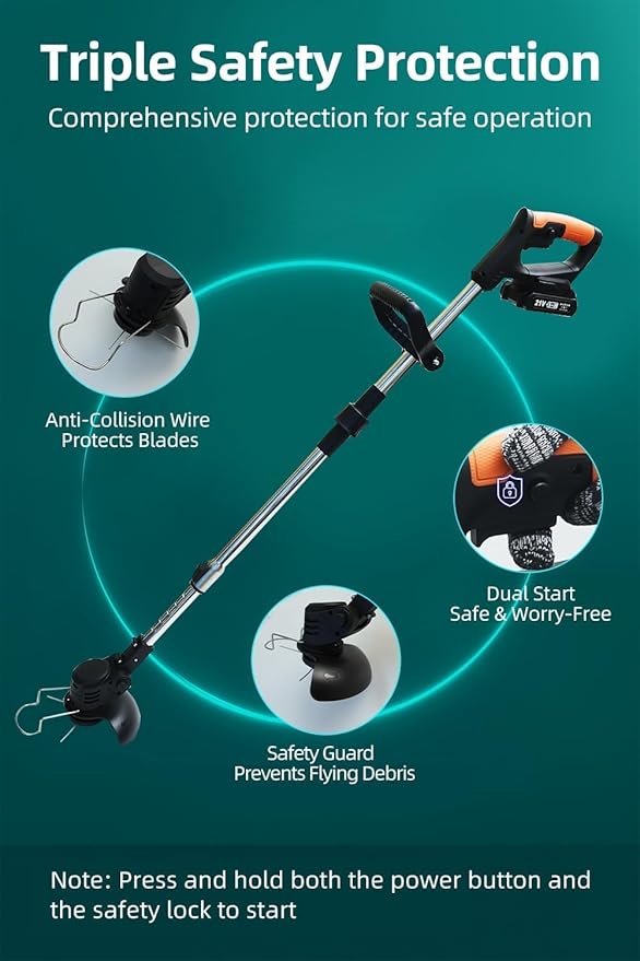 Cordless String Trimmer, Weed Wacker, Nylon Trimmer Head as Its Core Cutting Accessory, Telescopic Shaft and Foldable, 2 x Batteries, String Trimmer Cordless, Black