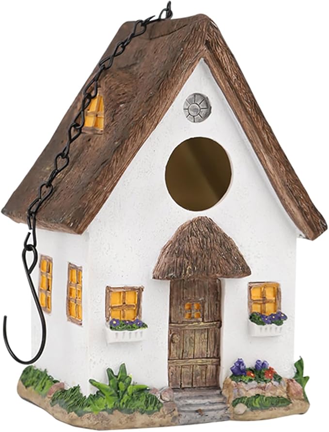 Rustic Cottage Birdhouse with Thatch Roof – Hand-Painted Resin Outdoor Bird House for Small Birds, Weatherproof Garden Decor for Backyard or Patio