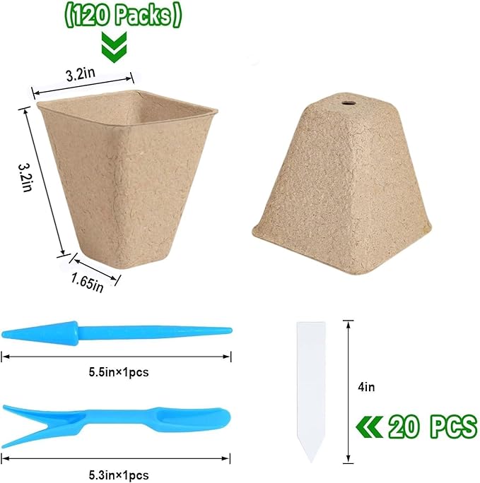 120 Packs Starter Plant pots, 3.2 inch Seedling Plant Pot Kit for Garden Nursery Seed Starter, Plant Garden Germination Pot with 20 Plant Labels and 2 Transplant Tools