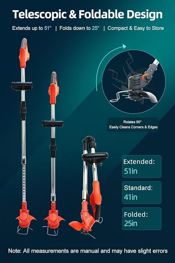 Cordless String Trimmer, Weed Wacker, Nylon Trimmer Head as Its Core Cutting Accessory, Telescopic Shaft and Foldable, 2 x Batteries, String Trimmer Cordless, Red