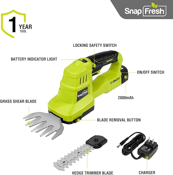 SnapFresh 12V Cordless Grass Shears & Hedge Trimmer, 2 in 1 Handheld Bush Trimmer & Grass Cutter with 2.0Ah Battery & Charger Included, Lightweight Electric Shrubbery Trimmer for Garden & Lawn