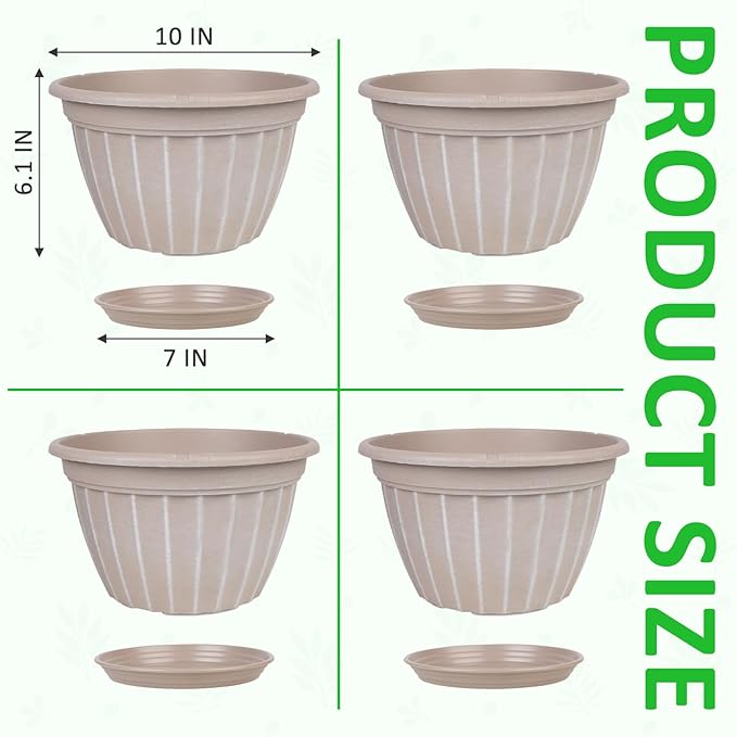 FGstyle 10 Inch Plants Pot,4 Pack Flower Pots,Planters Pot with Drainage Hole & Saucer,Modern Planters for Indoor Outdoor Plants,Decorative Resin Garden Pots for Outdoor Indoor Home Plants (Beige)
