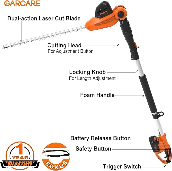 GARCARE Hedge Trimmers Cordless with Battery - Pole Hedge Trimmer with 20V 4.0Ah Li-Ion Battery & Quick Charger, 450mm Laser Cut Blade