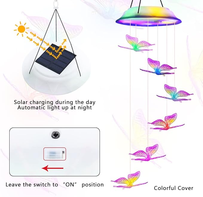 Fohil Solar Butterfly Wind Chimes, Color Changing Solar Wind Chimes for Outside, LED Waterproof Solar Powered Hanging Lights Outdoor Valentine Decorations, Gifts for Women Mom Grandma