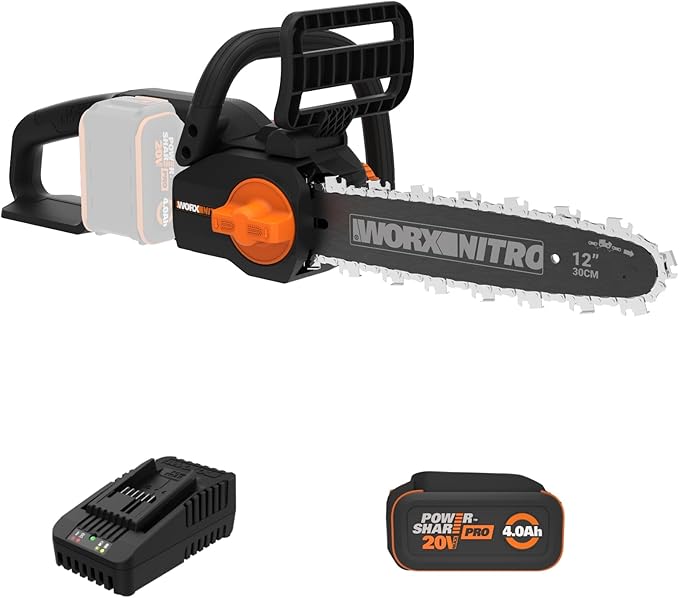Worx Nitro 20V 12" Cordless Brushless Chainsaw 4.0 Ah Battery and Charger Included WG350