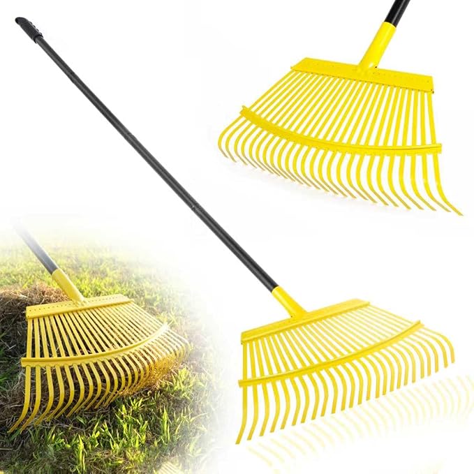 Garden Leaf Rake, 18” Wide Metal Rake with 25 Teeth, 62" Adjustable Long Handle, Heavy Duty Lawn Yard Tool for Leaves, Grass, Shrubs, Debris, Pine Needles, Garden Cleanup Tools for Backyard