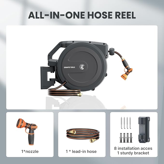 Giraffe Tools AW30 Wall Mounted 1/2" x 100 ft Garden Hose Reel, Retractable Water Hose Reel, Automatic Rewind & Lock at Any Length